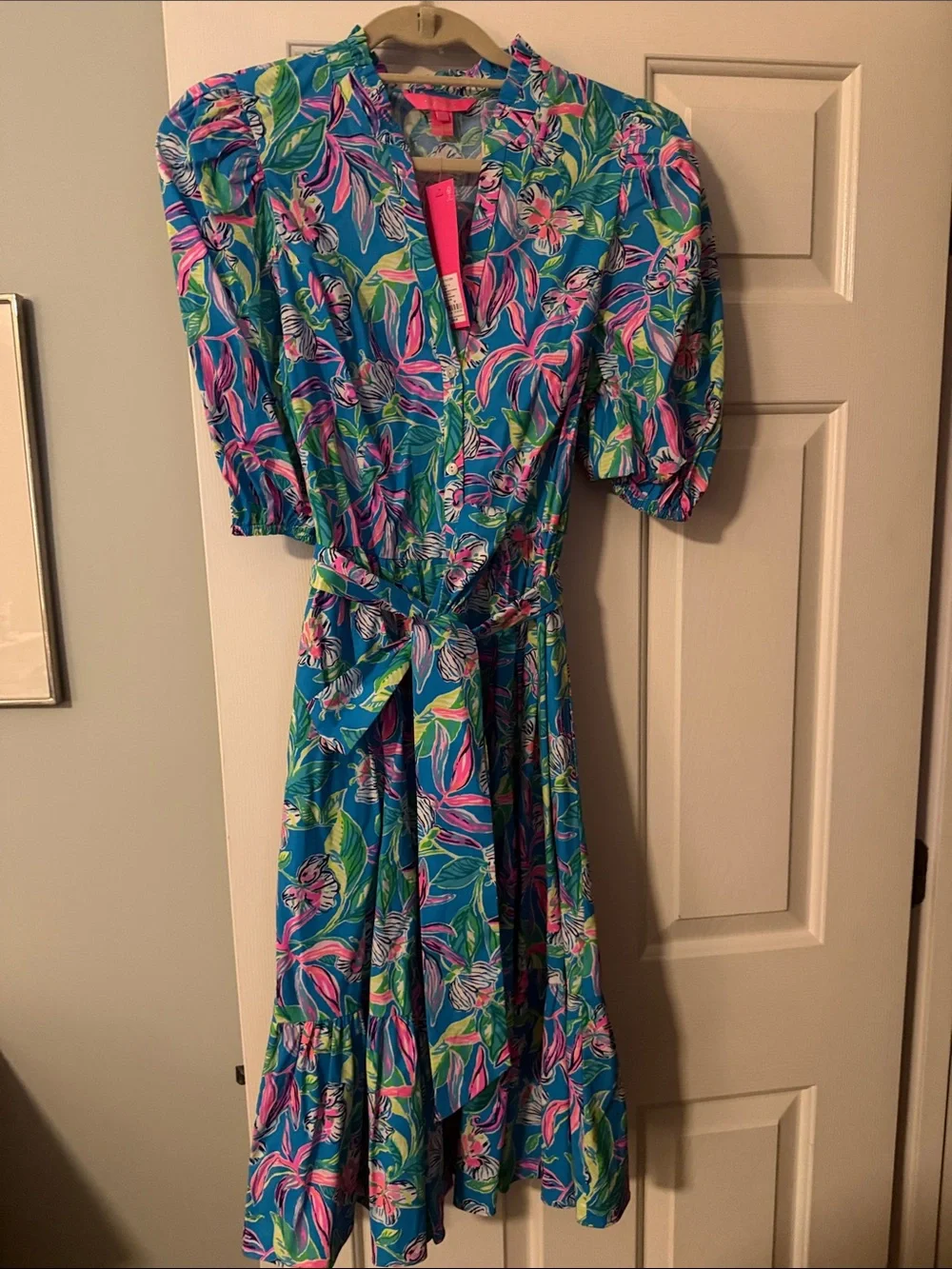 Lilly Pulitzer Turquoise Floral Midi Dress with Pink & Lime Leaves - Picture 1 of 5